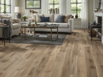 Residential living room with luxury vinyl flooring in oak finish
