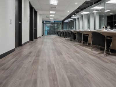 Commercial office space with SPC vinyl flooring in professional gray tones