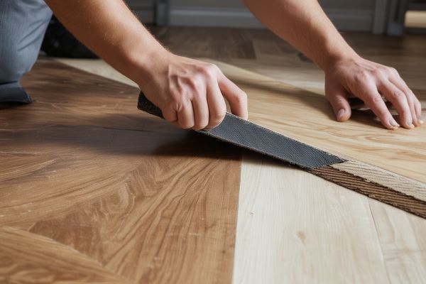 Professional vinyl flooring installation team at work with modern tools and equipment