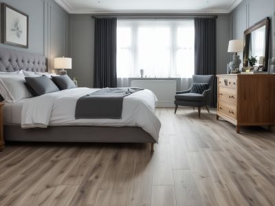 Master bedroom with waterproof vinyl plank flooring, stylish and practical bedroom installation