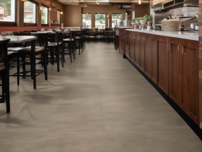 Restaurant flooring with commercial-grade vinyl, heavy-duty installation for food service environment